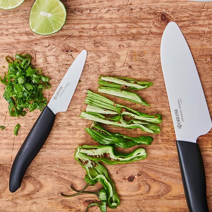 Kyocera Advanced Ceramics – Revolution Series 3-Piece Ceramic Knife Set: Includes 6-inch Chef's Knife; 5-inch Micro Serrated Knife; and 3-inch Paring Knife; Black Handles with White Blades
