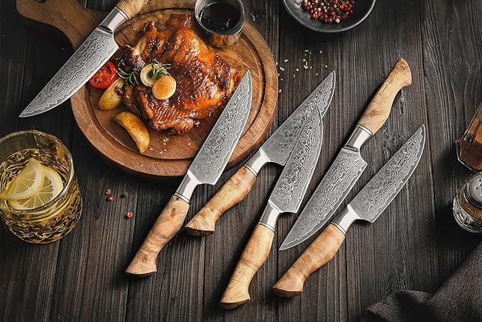HEZHEN 6PCS Kitchen Knife Set Professional Forged Damascus High Carbon Steel Steak Knife Figured Sycamore Wood Handle-Porcelain Gift Package
