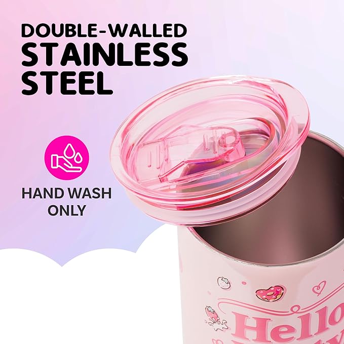 Silver Buffalo Sanrio Hello Kitty Strawberry Milk Double Wall Stainless Steel Travel Mug With Handle, 15 Ounces