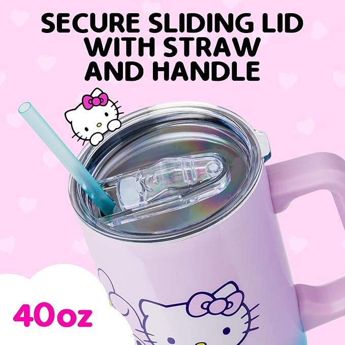 Silver Buffalo Sanrio Hello Kitty and Friends Featuring My Melody, Kuromi, and Pompompurin Rainbow Ombre Stainless Steel Tumbler with Handle and Straw, Fits in Standard Cup Holder, 40 Ounces