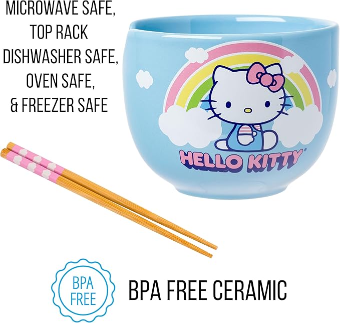 Silver Buffalo Hello Kitty Rainbow and Clouds Ceramic Ramen Noodle Rice Bowl with Chopsticks, Microwave Safe, 20 Ounces