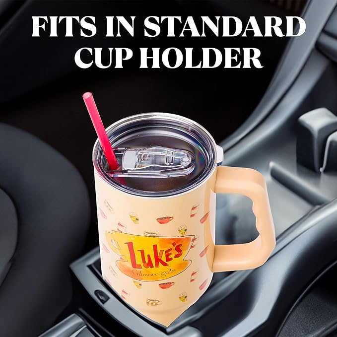 Silver Buffalo Gilmore Girls Luke's Diner Stainless Steel Tumbler with Handle and Straw, Fits in Standard Cup Holder, 40 Ounces