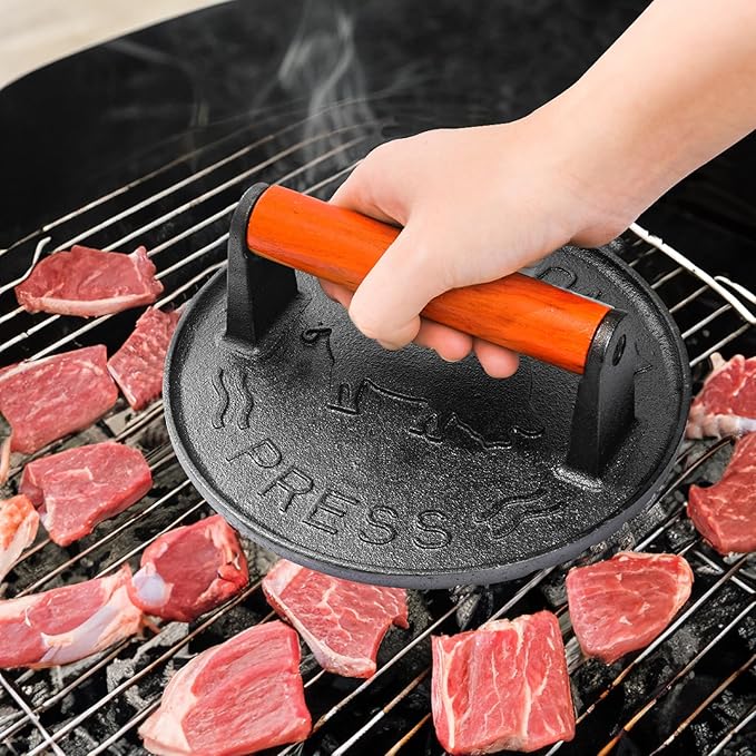 vivicreate 8.5 inch Rectangle & 7 inch Round Smash Burger Hamburger Smasher Patty Maker cast Iron Grill Weight Bacon Press Wood Handle prensa de hamburguesas prensa de Hierro fundido