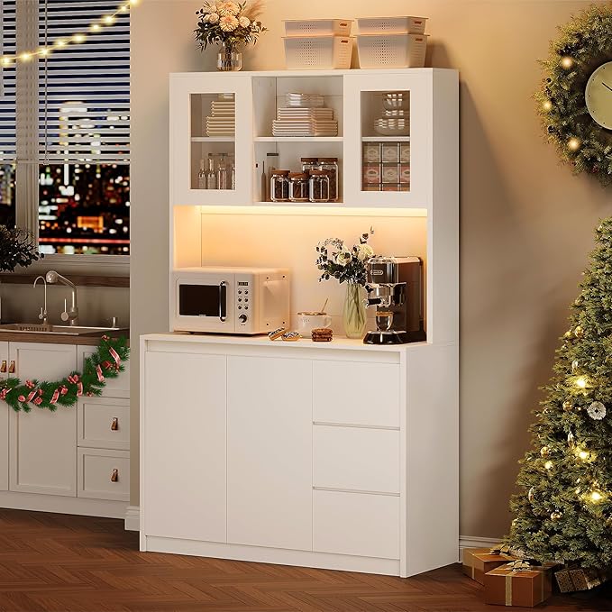 Garvee Kitchen Pantry Cabinet,71 in Tall Storage Cabinet with Doors&Shelves Adjustable, Kitchen Storage Hutch with Microwave Shelf, Led Lights&Charging Station,Corner Pantry Cabinet