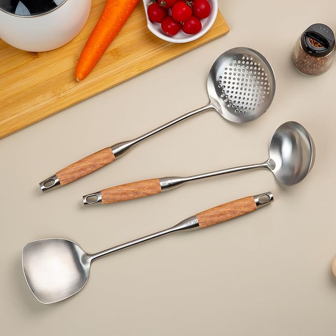 FJNATINH Wok Utensils - Wok tTools - Spatula and Ladle, Skimmer Spoon Set Metal 304 Stainless Steel Kitchen Cooking Utensils Sets, 3-Pieces Wok Tools, Wooden Handle 14-15 Inch