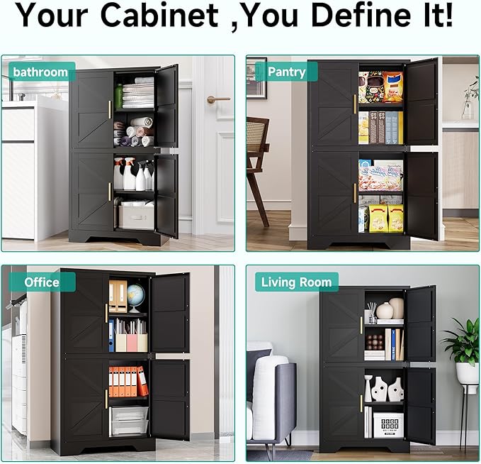 SISESOL Black Storage Cabinet with 4 Doors and 2 Adjustable Shelves,Farmhouse Food Pantry Cabinets,Small Bathroom Cabinet,4 Tier Metal Storage Cabinets for Home Kitchen,Dining/Living/Laundry/Room