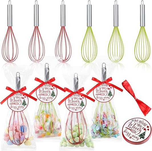 6 Sets 10 Inch Christmas Whisks Gifts DIY Fillable Christmas Tree Ornaments Xmas Colored Silicone Whisks for Cooking Heat Resistant Egg Beaters with Card Rope Bag for Candy Holder