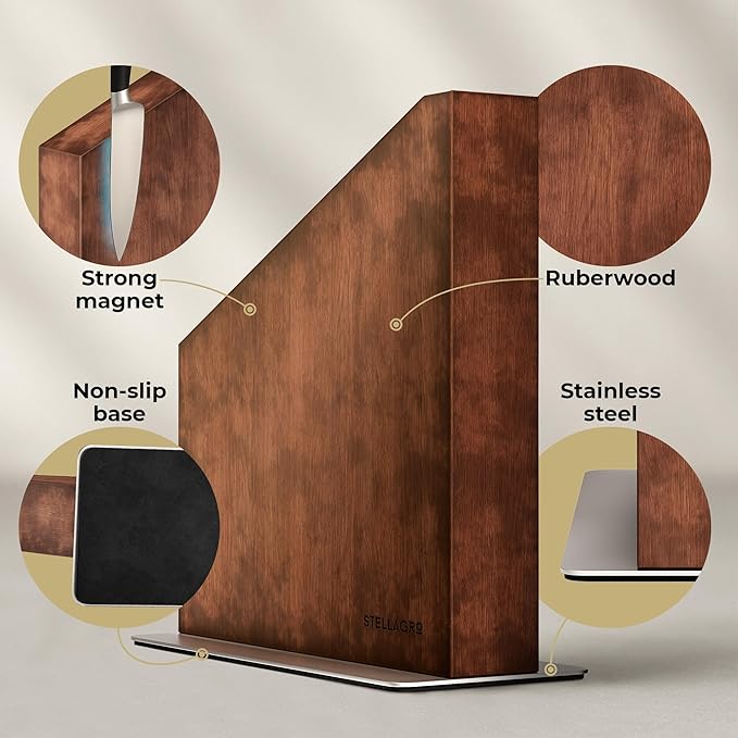 Magnetic Knife Block Without Knives, Double-Sided Wooden Knife Block Stand with Strong Magnets & Anti-Slip Base, Kitchen Knife Storage Rack, Brown