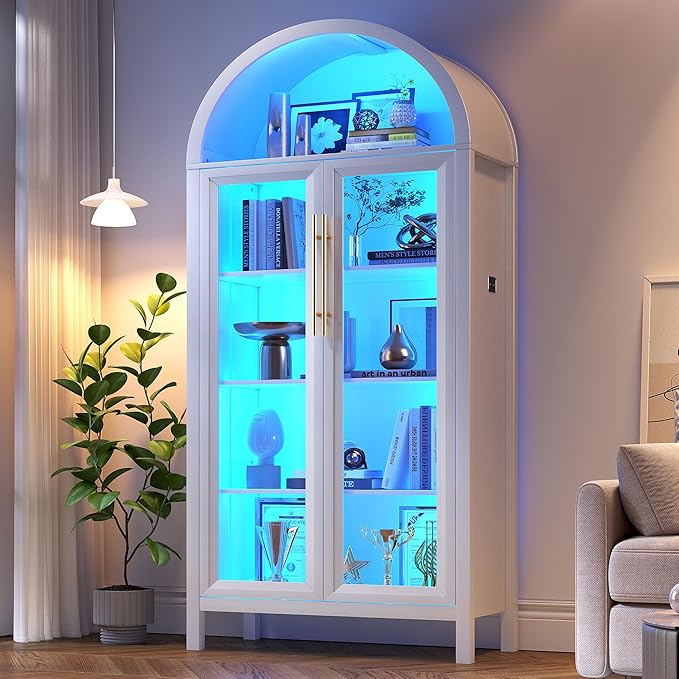 Arched Kitchen Pantry Cabinet with Glass Doors, Display Curio Case with 3 Color LED Lights for Collectibles, Modern 5-Tier Storage Hutch Cabinet for Kitchen, Dining Room, White