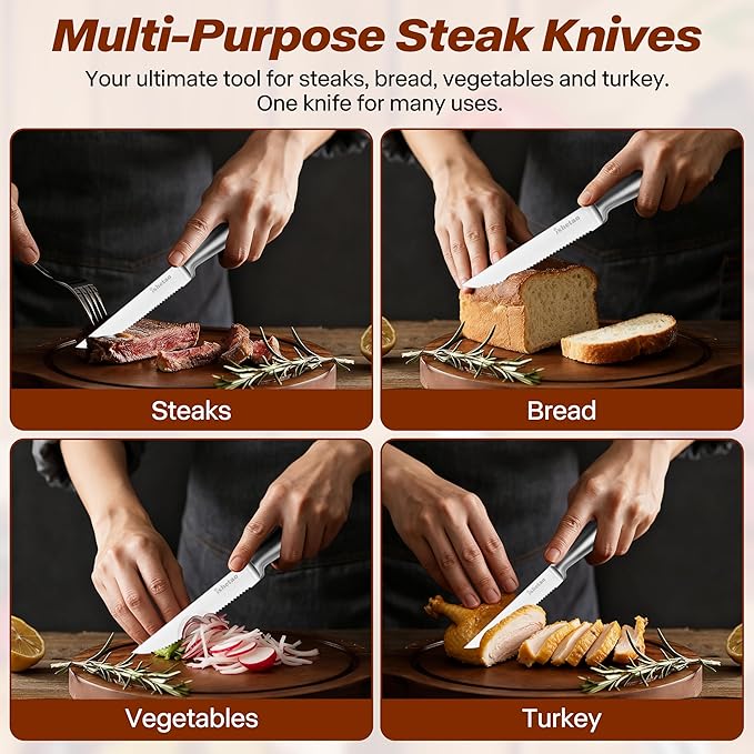 Steak Knife Set of 6, 4.5 inches Dishwasher Safe High Carbon Stainless Steel Knives, Silver