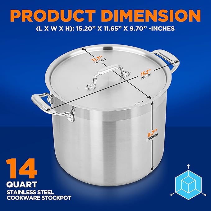 Stainless Steel Cookware Stockpot - 14 Quart, Heavy Duty Induction Pot, Soup Pot with Stainless Steel, Lid, Gas, Induction, Ceramic, Glass and Halogen Cooktops Compatible - NutriChef NCSPT14Q