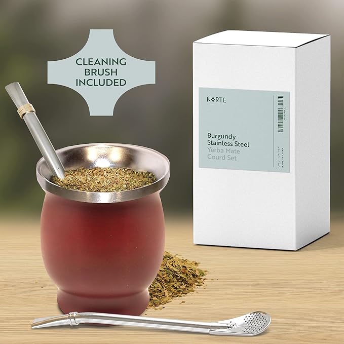 Norte Yerba Mate Cup Kit, 8-Ounces Traditional Mate Tea Cup/Gourd Set | Includes 2 Bombillas (Yerba Mate Straw) & Cleaning Brush, Stainless Steel Cup, Double-Walled, Easy to Clean | Burgundy