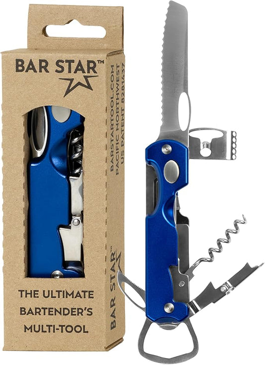 Bartender's All-in-One Bar Tool Set: Corkscrew, Zester, Citrus Knife and Bottle Opener Kit with Magnet for Picnics, Tailgating, BBQs, Camping, Travel, Beach Parties and Bartending, Blue