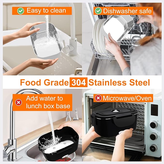 Electric Heated Lunch Boxes Adults: 80W Electric Lunch Box Food Heated 12/24/110V 1.5L Heatable Lunch Box for Car/Truck/Office Leak-Proof Stainless Steel Container,Fork & Spoon,Bag (Black)