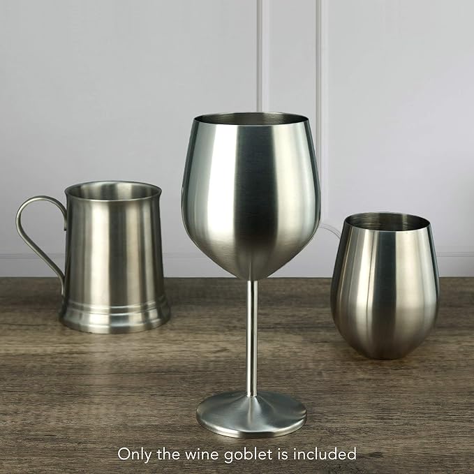 PG Set of 4 Stainless Steel Wine Glass - 18.5oz Silver Brush Finished Wine Glasses - Unbreakable Wine Glasses - Stem Metal Wine Goblets