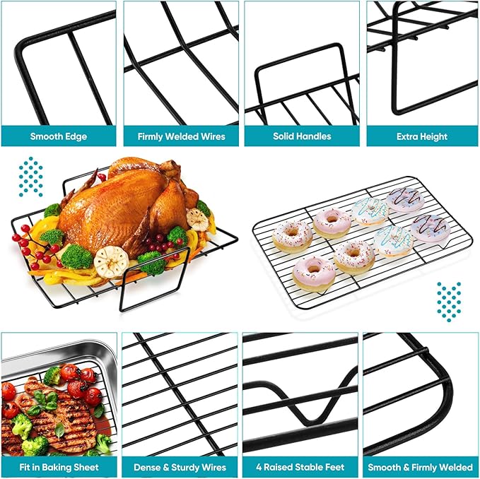TeamFar Roasting Pan, 16’’ Nonstick Deep Lasagna Brownie Turkey Pan with V-Shaped Rack & Cooling Rack, with Stainless Steel Core & Nonstick Coating, Healthy & Sturdy Handles, Easy to Clean, Set of 3