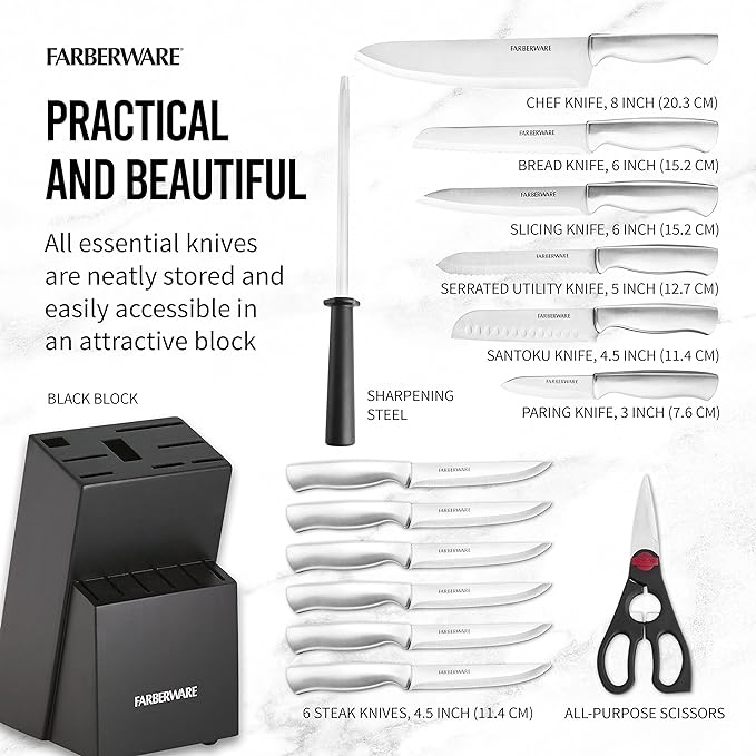 FARBERWARE 15-Piece Kitchen Knife Set with High-Carbon Stainless Steel Blades, Black Handles, Steak Knives, Wood Block, Razor Sharp and Ergonomic