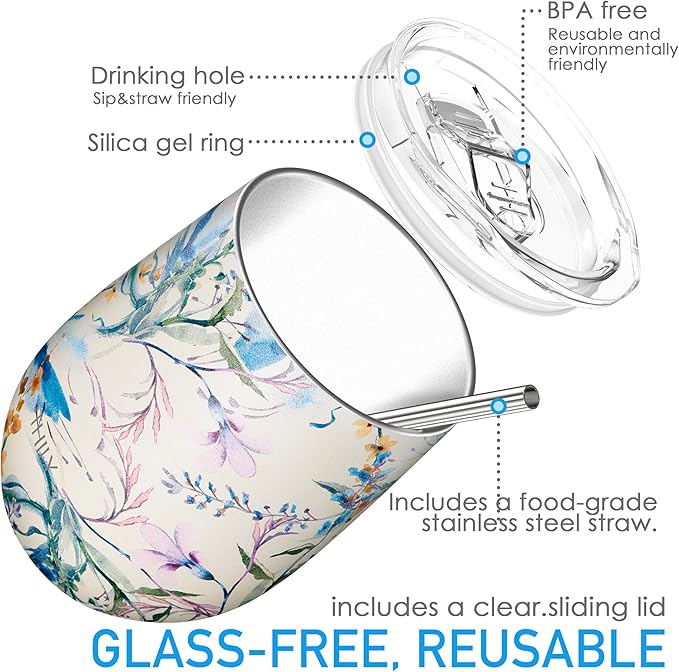 THILY Stainless Steel Insulated Wine Tumbler Stemless Wine Glass with Lid and Straw, Splash-proof, Reusable, Cute Travel Cup for Coffee, Cocktails, Keep Drinks Cold, Gifts for Women, Girls, Orchid