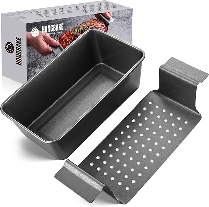 HONGBAKE Meatloaf Pan with Drain Tray, 9 x 5 Inches Loaf Pans with Insert, Nonstick Meat Loaf for Baking, Reduce the Fat and Kick Up the Flavor, Grey