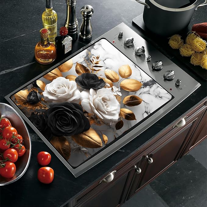 Black White Rose Stove Top Cover 28.3 x 20.5 Inches, Heat Resistant Glass Stove - Image 4