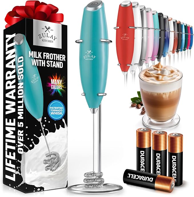 Zulay Kitchen Patented Tornado Triple Whisk Milk Frother with 4 Duracell Batteries – Handheld Foam Maker for Coffee, Lattes, Matcha & Hot Chocolate – Rich, Creamy Froth in Seconds