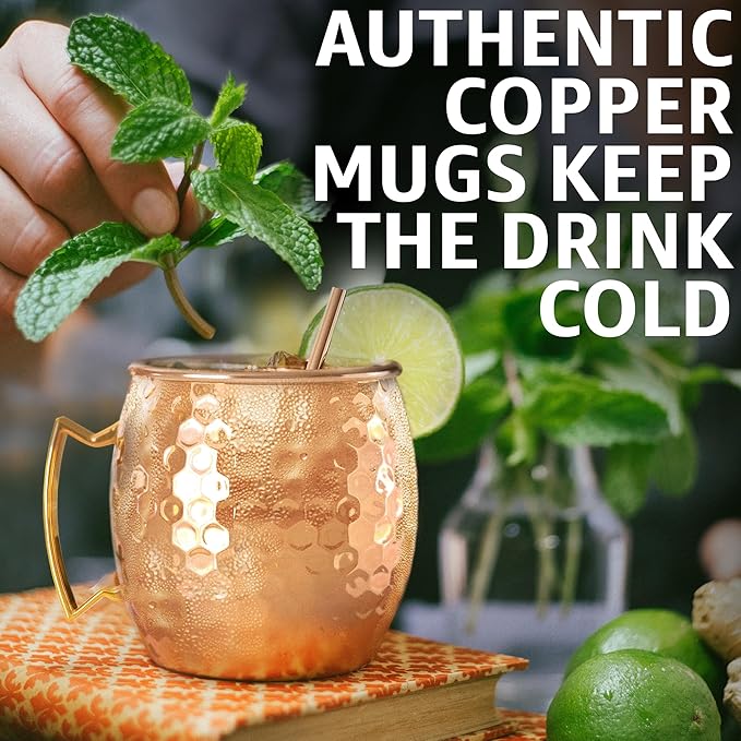 Benicci Moscow Mule Copper Mugs - Set of 4-100% HANDCRAFTED - Food Safe Pure Solid Copper Mugs - 16 oz Christmas Gift Set with Premium Quality Cocktail Straws and Jigger!