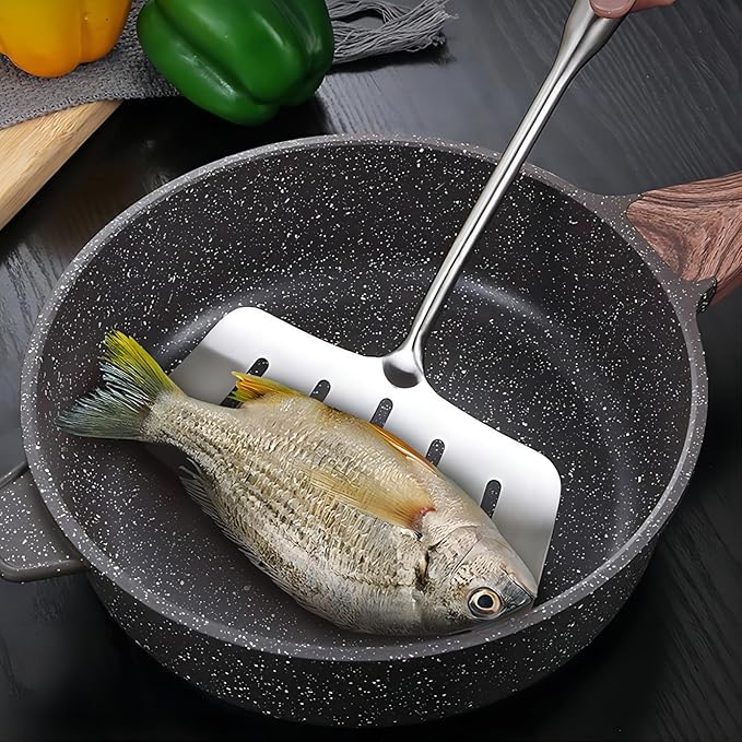 GREATLINK 304 Stainless Steel Fish Spatula,Wide Slotted Turner Steak Spatula With Heat Resistant Long Handle,Professional Kitchen Slotted Cooking Turner for Cooking or Baking