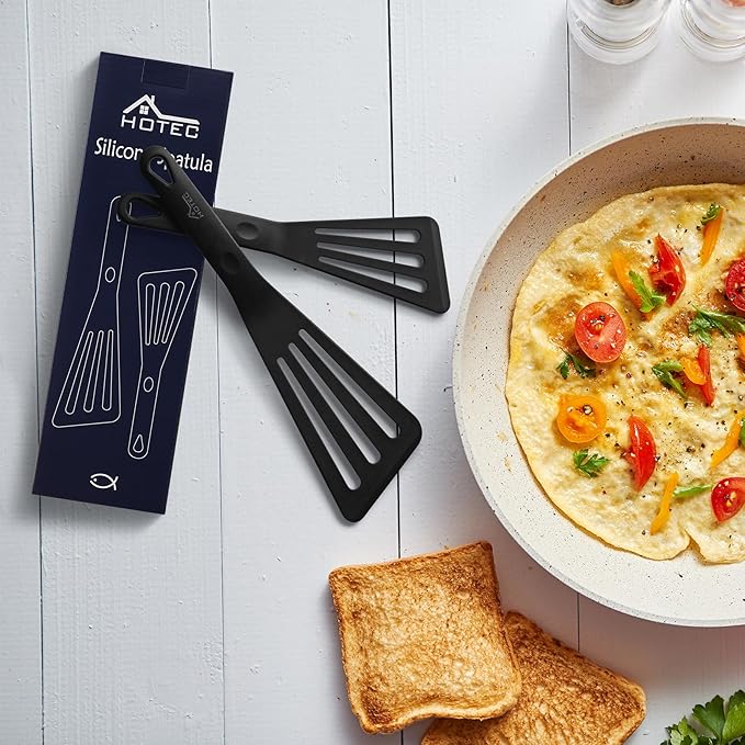 HOTEC 600℉ Heat Resistant Silicone Slotted Fish Turner Spatula Set, BPA Free Flipper Cooking Spatulas, for Non Stick Cookware Dishwasher Safe, Black