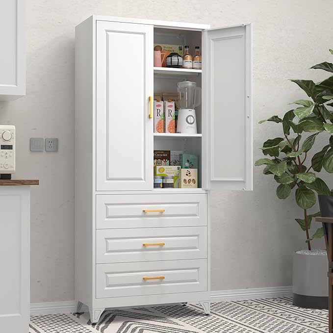 75" Tall Metal Storage Cabinet, Kitchen Pantry Storage Cabinets with Doors and Shelves, White Pantry Cabinet with 3 Drawer, Utility Kitchen Cupboard, Large Steel Cabinets for Living Room