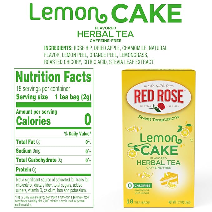 Red Rose Sweet Temptations Dessert Tea Lemon Cake, Zero Carbs, Zero Sugar Bursting with Flavor Caffeine-Free Delicious Beverage Herbal Tea, 18 Count Pack of 2 Fruit Naturally Flavored Herbal Tea