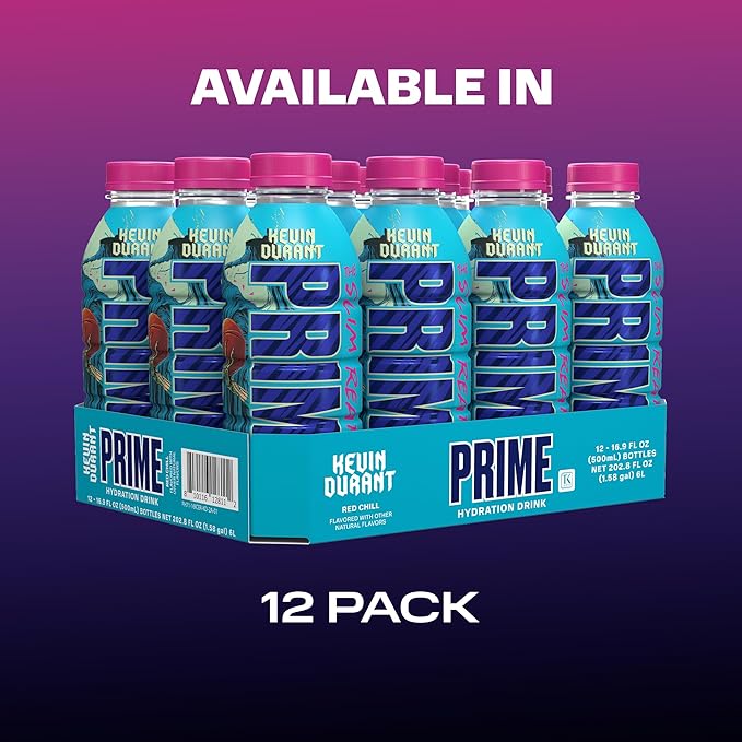 PRIME Hydration KEVIN DURANT Sports Drinks, Electrolyte Enhanced for Replenishing Fluids 250mg BCAAs, B Vitamins, Antioxidants, Low Sugar, 16.9 Fl Oz, 12 Pack