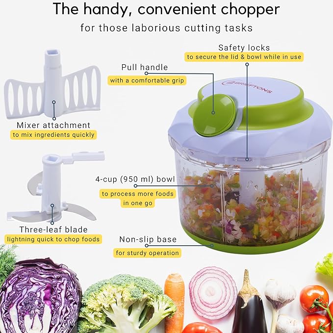 Brieftons QuickPull Manual Food Chopper: Large 4-Cup Powerful Hand Pull Chopper/Mincer/Mixer Blender to Chop Onion, Garlic, Vegetables, Fruits, Herbs for Salsa, Salad, Pesto, Puree, Indian Cooking