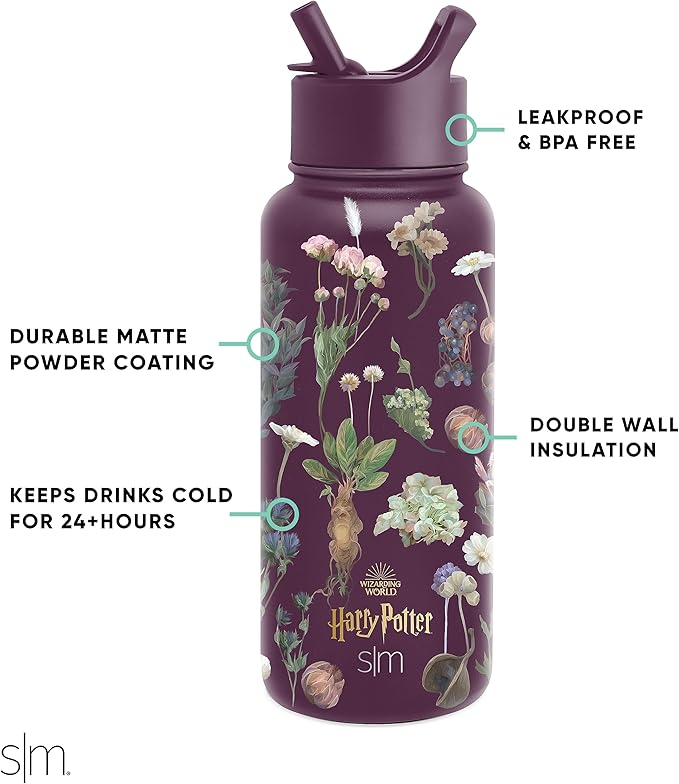 Simple Modern Harry Potter Water Bottle with Straw Lid Insulated Stainless Steel Metal Thermos | Gifts for Women Men Reusable Leak Proof Flask | Summit Collection | 32oz Harry Potter Herbology