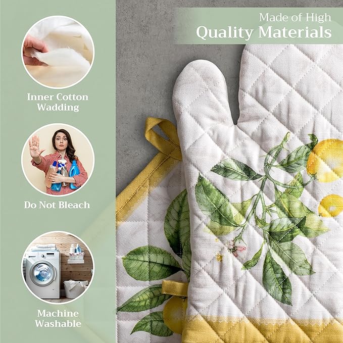 Maison d' Hermine 100% Cotton Oven Mitt & Pot Holder Set (7.5"x13" & 8"x8") Heat Resistant BBQ Cooking Gloves with Loop, Baking, Grilling, Kitchen, Handling Hot Pans Spring/Summer (Limoncello)