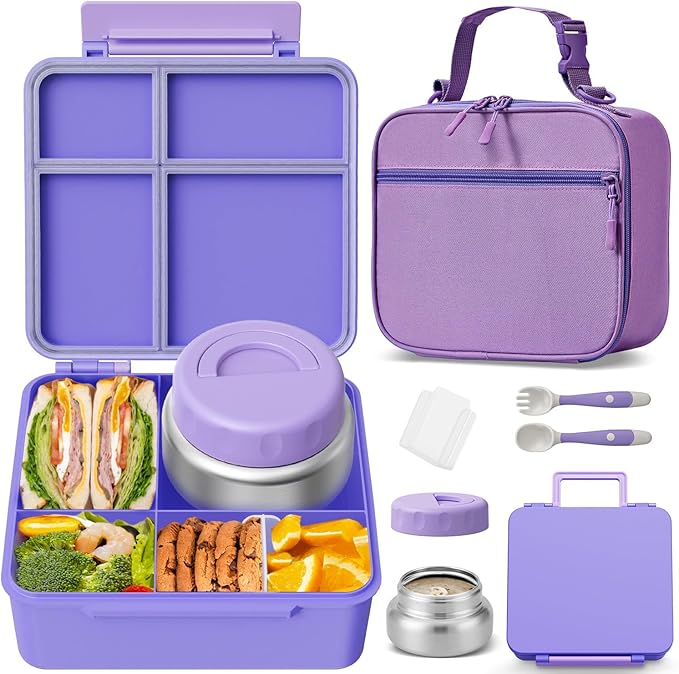 Kids Bento Lunch Box with Thermos, Leakproof Toddler Bento Box with 9 OZ Insulated Food Jar, Lunch Bag & Utensils 3 or 4 Compartment Container for School Girls Boys