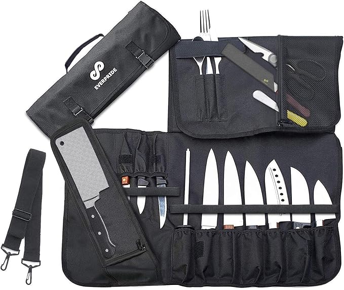 EVERPRIDE Chef Knife Roll Bag Holds 10 Knives – Contains 2 Large Zippered Pockets for Meat Cleavers and Cooking Tools – Durable Knife Case for Chefs and Culinary Students – Knives Not Included