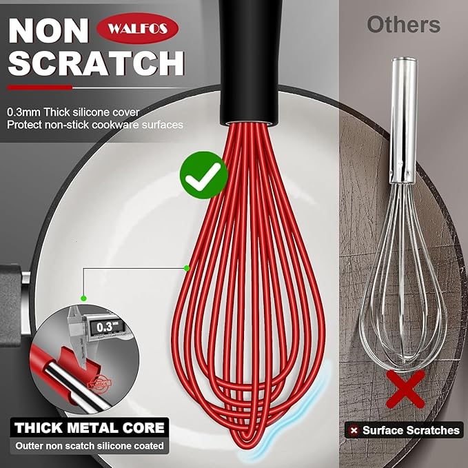 Walfos Silicone Whisk, Sturdy Stainless Steel Wire Kitchen Whisks, Heat Resistant up to 480℉ Whisk For Cooking Non Scratch, Multicolor 5+7+9+11in Whisks & 5+7in Mini Wisk, Great for home baking.