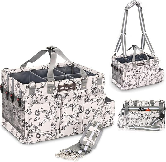 FifthStart Cleaning Caddy Organizer with Handle & Waist/Shoulder Straps - 9 Compartments & Mesh Base - Portable Cleaning Supply Caddy with Waste Bag Dispenser (Beige Floar, Large)