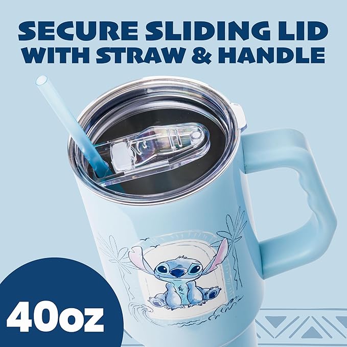 Silver Buffalo Disney Lilo and Stitch Minimalistic Design Ocean and Tropical Stainless Steel Tumbler with Handle and Straw, Fits in Standard Cup Holder, 40 Ounces