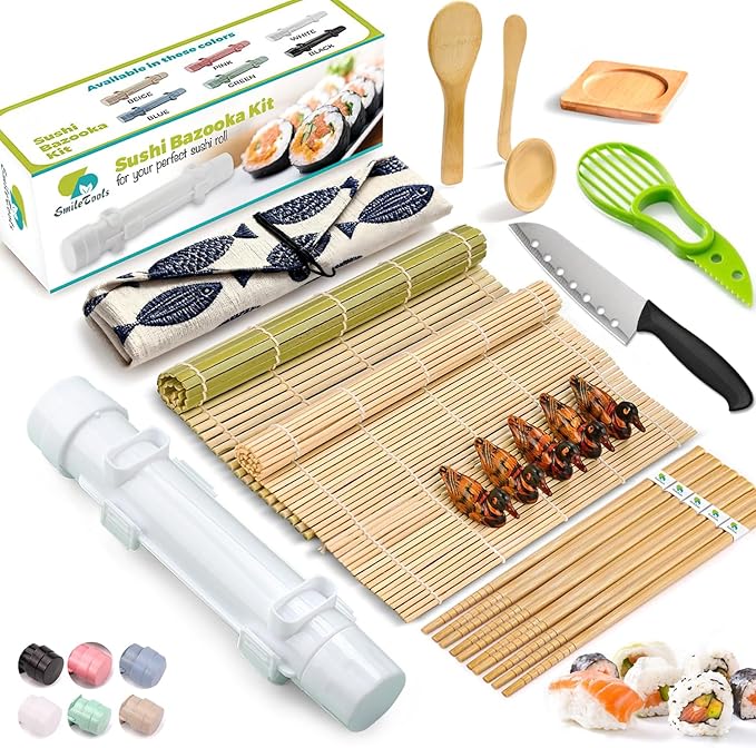 Sushi Making Kit, 22-in-1 Sushi Roller Kit with Bamboo Sushi Rolling Mat, Sushi Bazooka, Avocado Knife, Sushi Knife, Chopsticks, Sauce Dishes, Rice Spreader & More DIY Sushi Party Gift
