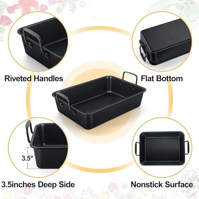 TeamFar Roasting Pan, 14” Nonstick Deep Lasagna Brownie Turkey Pan with V-Shaped Rack & Cooling Rack, with Stainless Steel Core & Nonstick Coating, Healthy & Heavy Duty, Easy to Clean, Set of 3