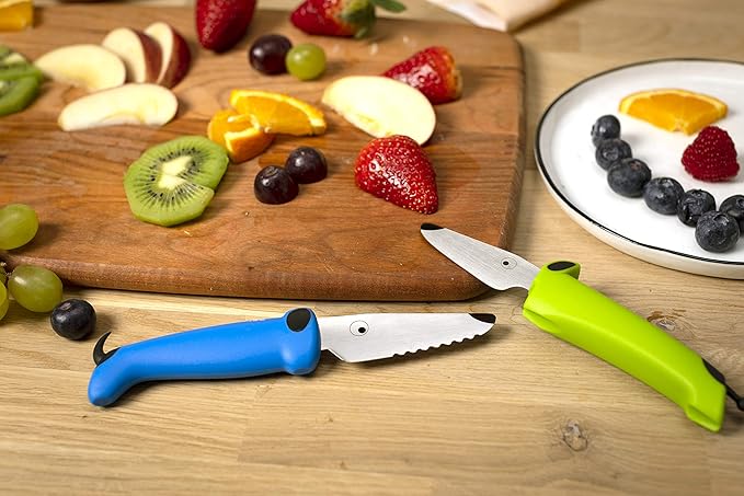 Kuhn Rikon Kinderkitchen® Kids Chef Knife Set With Scissors, 3 Pieces, Green/Blue/White| Cutting Tools Made for Real Cooking | Child Friendly Animal Designs With Hand Guard & Snipper Cover For Safety