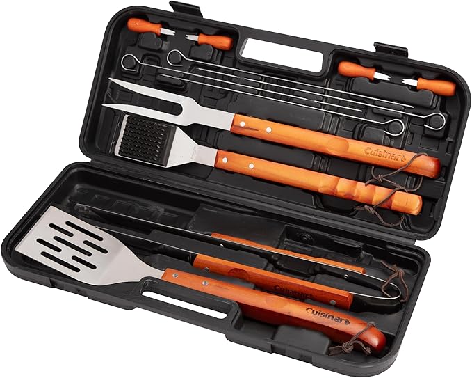 Cuisinart 13-Piece Wooden Grill Tool Set, BBQ Accessories and Grill Tools, Durable Stainless-Steel Utensils with Recycled Plastic Case, Spatula, Tongs, Cleaning Brush & More, Grilling Gifts for Men