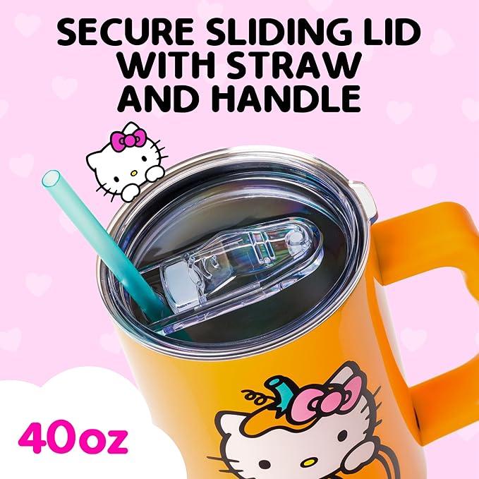 Silver Buffalo Sanrio Hello Kitty Halloween Jack-O-Lantern Stainless Steel Tumbler with Handle and Straw, Fits in Standard Cup Holder, 40 Ounces