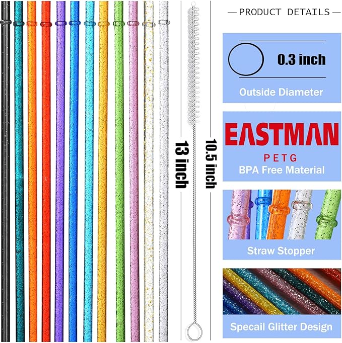 ALINK 12-Pack Reusable Clear Plastic Glitter Straws, 13 inch Extra Long Tumbler Straws for Stanley Cups, 1 Gallon, 64 oz 40 oz 32 oz Water Bottles, Plus Cleaning Brush