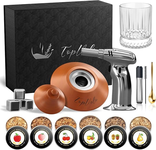 Cocktail Smoker Kit with Torch and Whiskey Glass, 6 Flavors Wood Chips and 3 Whisky Stones for Whiskey & Bourbon, Gift for Husband, Birthday Gift (No Butane), Brown