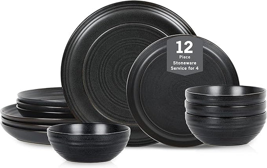 Stone Lain Elio 12-Piece Dinnerware Set Stoneware, Plates and Bowls Set, Dish Set for 4, Black