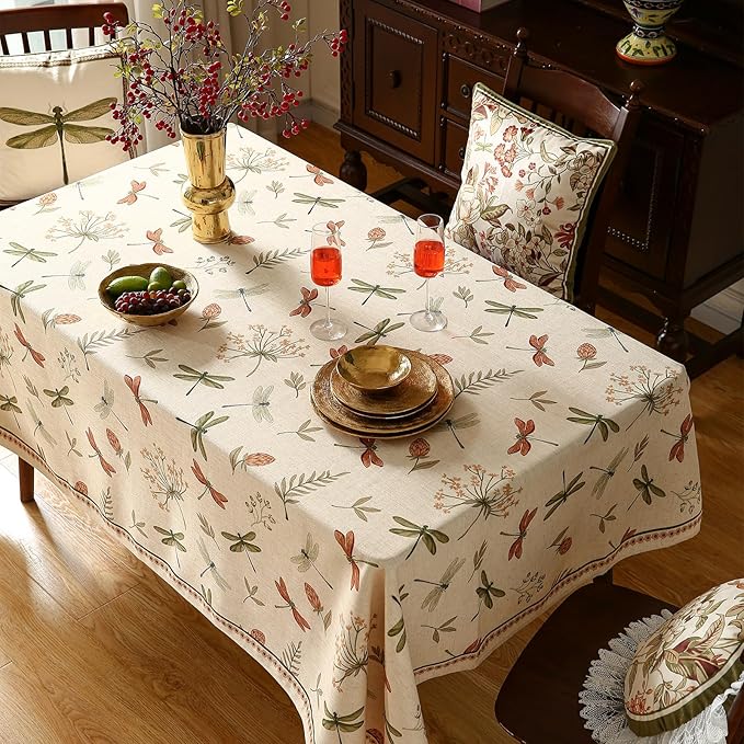 ISAENNE Designer Floral Linen Long Tablecloth Rectangle,French Off White Elegant Table Cloth,Washable Home Decor Tablecloths for Dining Thanksgiving Kitchen Christmas Party,63"*102"-Grace B