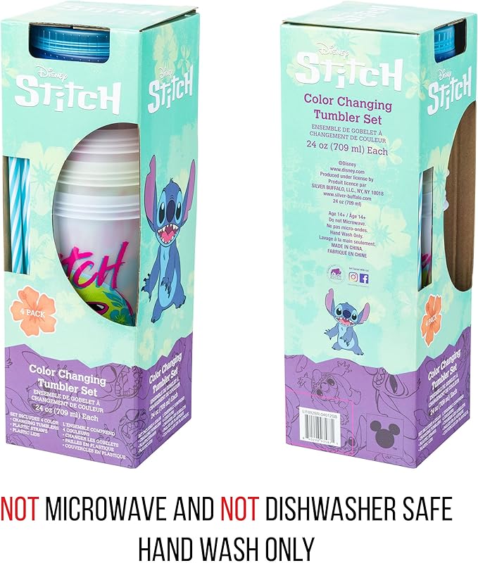 Silver Buffalo Disney Lilo and Stitch Tropical Character Poses 4 Pack Color Changing Plastic Tumbler with Lid and Reusable Straw, 24 Ounce