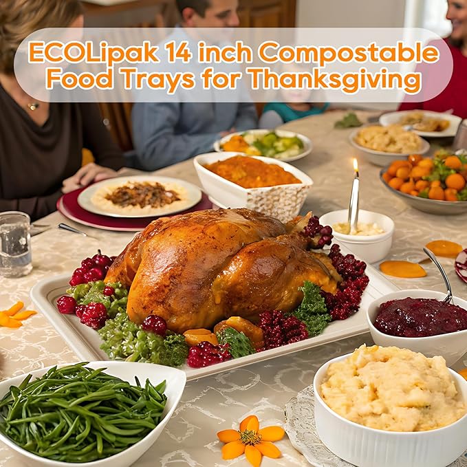 ECOLipak 100 Pack 14 Inch Disposable Food Crawfish Trays, Compostable Large Paper Plates, Disposable Thanksgiving Trays for Serving Food, Turkey, BBQ, Seafood Boil Party Supplies(Nature)